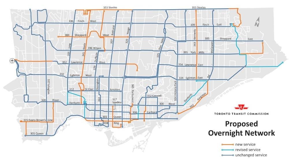 地图TTC过夜网络，多伦多