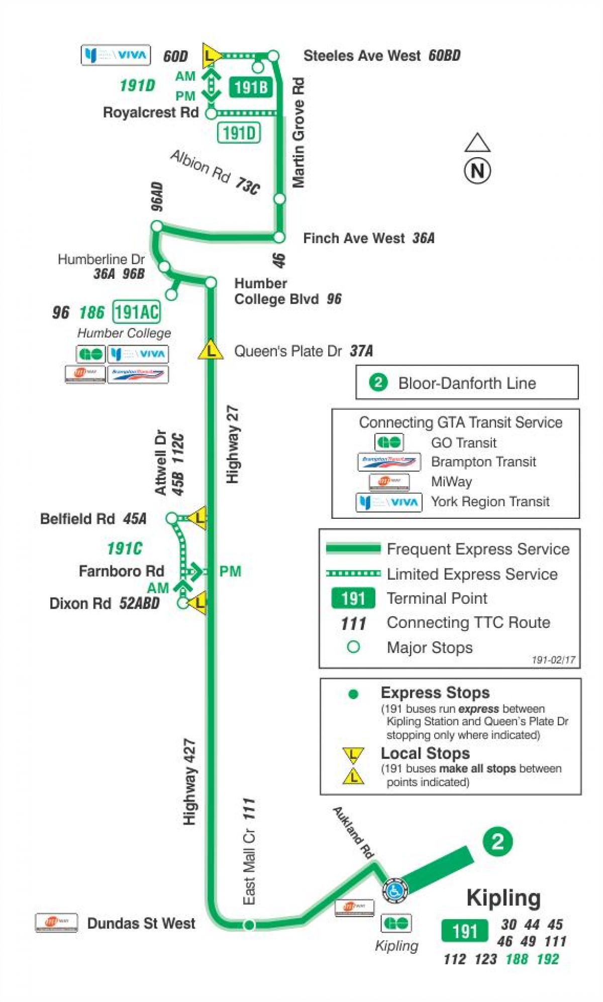 地图TTC191 27号高速公路的火箭的巴士路线多伦多