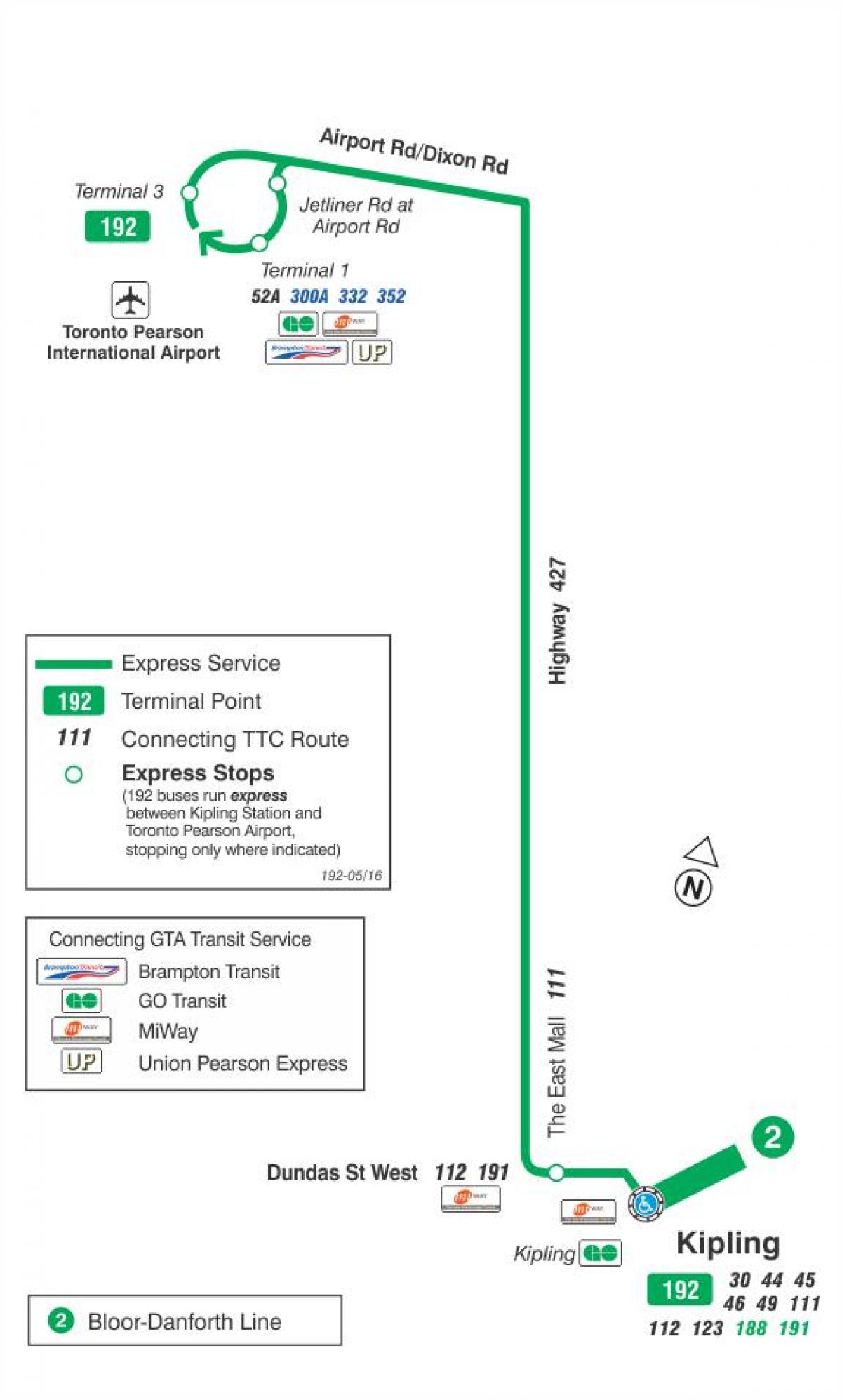 地图TTC192机场的火箭的巴士路线多伦多