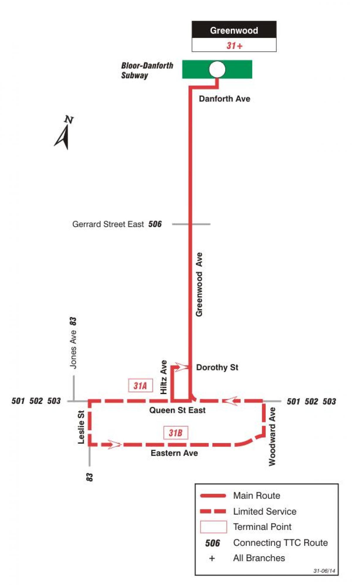 地图TTC31格林伍德巴士路线多伦多