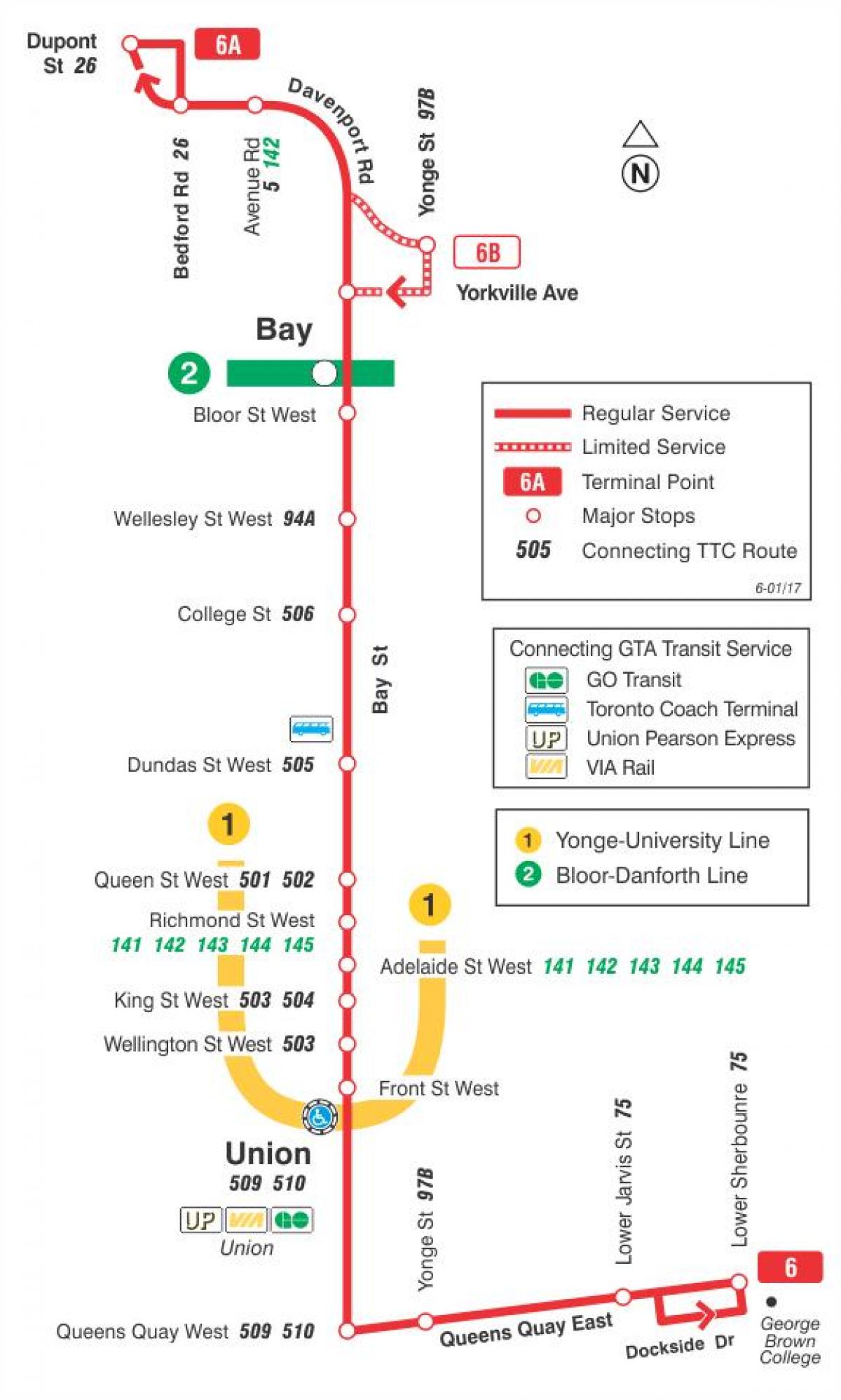 地图TTC6湾巴士路线多伦多