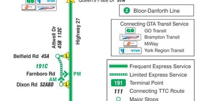 地图TTC191 27号高速公路的火箭的巴士路线多伦多